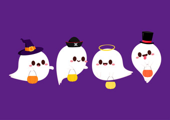 Cute ghost floating with Halloween pumpkin basket for Trick or Treat. Funny spooky boo character. Spook phantom with happy smiling face expression. Isolated kids flat vector illustration.