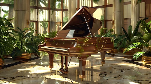 grand piano in a lavish music room, surrounded by lush indoor plants and floor-to-ceiling windows, providing a serene setting for music and relaxation
