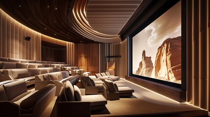 luxe cinema room designed with tiered seating, plush recliners, and an oversized screen surrounded by acoustic panels for the ultimate movie-watching experience at home
