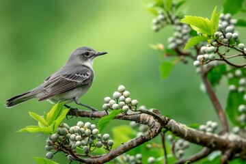 Fototapeta premium Peaceful Songbird Perched on Branch, Amidst Blossoms and Greenery