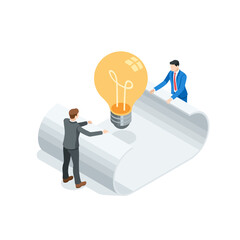 isometric vector business men unrolling a sheet of paper in the center of which there is a glowing light bulb, in color on a white background, a new idea or project