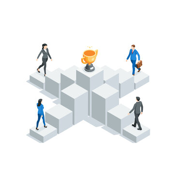 isometric vector business people climb the steps of the chart to the trophy cup standing at the top, in color on a white background, challenge or steps to success