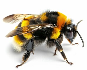 Vivid Bee with Black Wings in Close-up on a White Surface