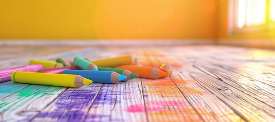 Vibrant Crayons and Kids' Artwork on Wooden Floor Generative AI