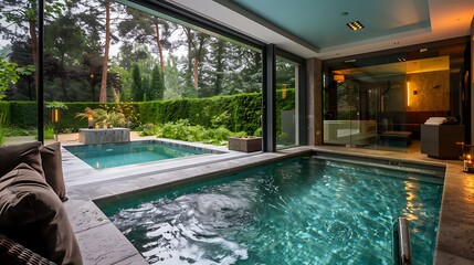 luxurious home spa featuring a hydrotherapy pool, a steam room with aromatherapy, and a relaxation...