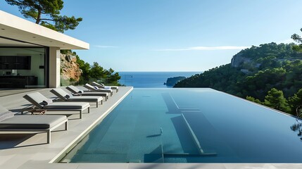 luxurious infinity pool area with water seamlessly merging with the scenic landscape in the background, surrounded by minimalist sun loungers