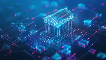 Digital Bank Building Illustration With Circuit Board Background