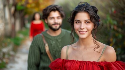 Obraz premium Young couple smiling and walking in a city park, woman in red dress, man in green sweater, morning light, minimalistic background, waist-up photo