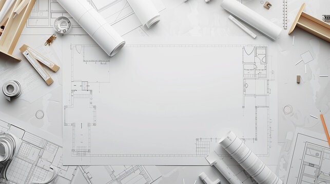 Architect's workspace seen from above. There are architectural designs, construction plans and engineering instruments on the table. Construction background with space for your own text.