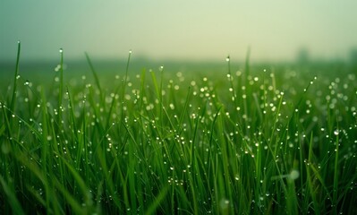 Obraz premium Nature's Blessing: Morning Dew on Freshly Cut Grass