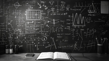Quantum physics operations and formulas written by hand in chalk. Mathematical equations and symbols are key elements of presentation.