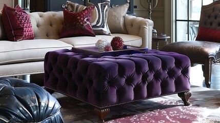 luxurious tufted ottoman in a deep jewel tone, serving as both a coffee table and additional seating in an opulent living room setting