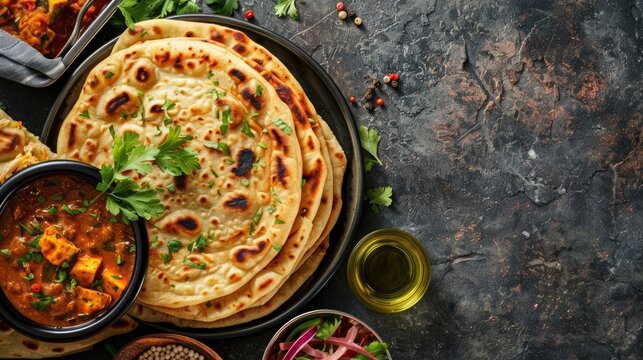 Homemade Kerala wheat paratha or layered parotta served with Paneer curry