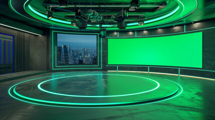 Virtual TV studio for news with green screen background. 3D rendering ensuring high quality graphics and flexibility in designing the broadcast space.