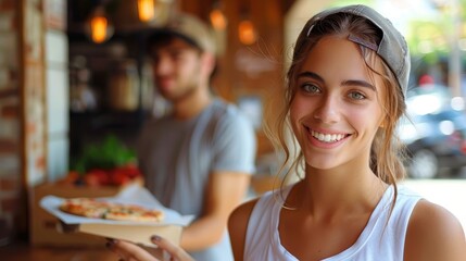 A happy female server wearing a backward cap and casual attire smiles as she hands a fresh pizza slice to a customer, symbolizing warm hospitality in a pizza parlor.