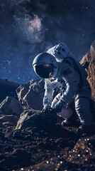 Obraz premium Astronaut exploring rocky terrain on extraterrestrial planet under starry night sky, space exploration and discovery concept