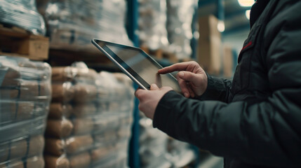 Fototapeta premium Close-up of a warehouse worker using a tablet, standing beside a pallet of wrapped food products, industrial setting, focused action