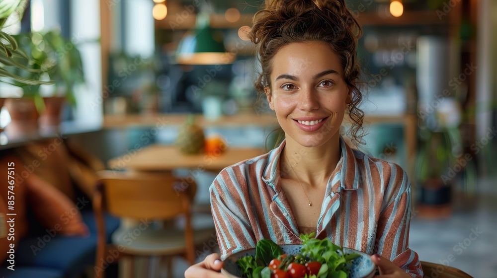 Wall mural A cheerful woman with curly hair and a striped shirt is sitting in a cozy and modern room, holding a bowl of salad with a friendly and welcoming smile.