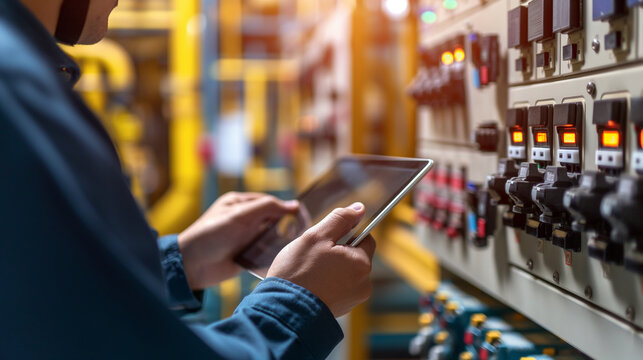 Detailed view of engineers using digital tablets to assess energy distribution and efficiency data, strategically planning smart grid operations, close-up