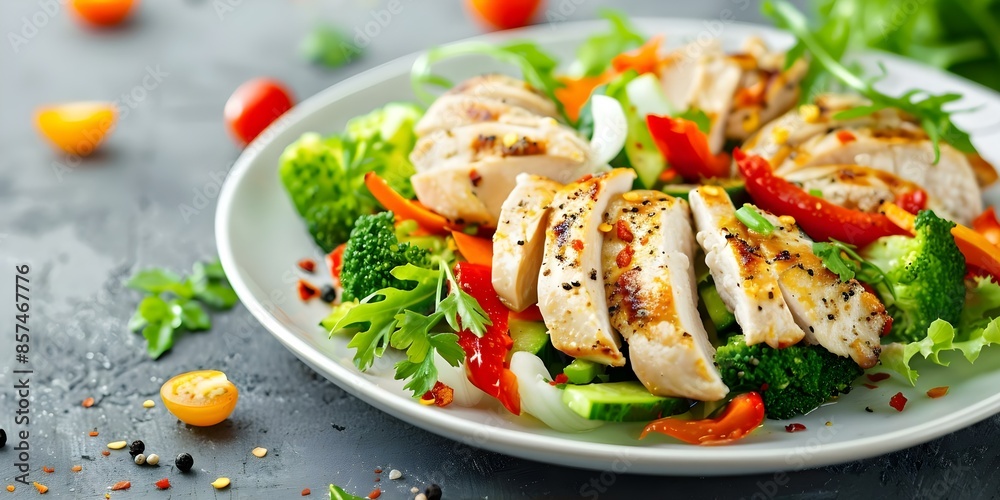 Wall mural chicken and vegetables on a plate. concept food photography, chicken recipe ideas, healthy meal idea