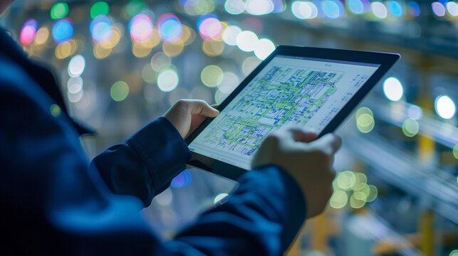 Engineers using digital tablets to review detailed energy distribution maps and efficiency analytics, planning strategic smart grid operations, close-up
