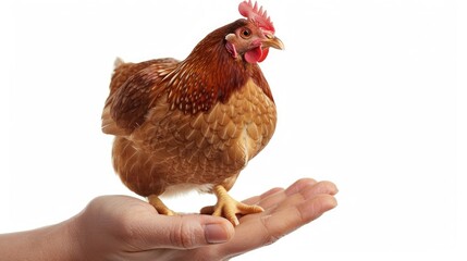Fototapeta premium Hen held in hand against white background