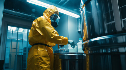 Detailed view of a worker in a sealed containment chamber, carefully transferring hazardous liquids between secure containers