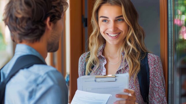 A smiling professional woman holds a clipboard, standing outside a door while in conversation, representing approachability and professionalism in a business context.
