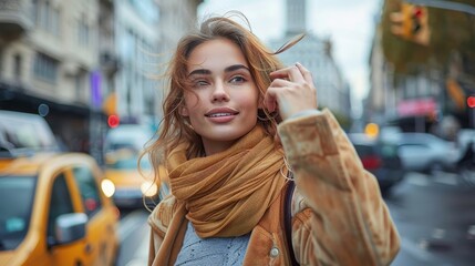 Obraz premium A young woman stands in a bustling city street, smiling and looking around contentedly, capturing a moment of urban beauty, tranquility, and everyday life amid the city chaos.