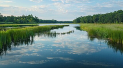 A tranquil river winds through a lush green marsh, with the reflection of the sky and clouds adding a touch of ethereal beauty.