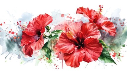 Red hibiscus flowers with watercolor splashes. Generative AI