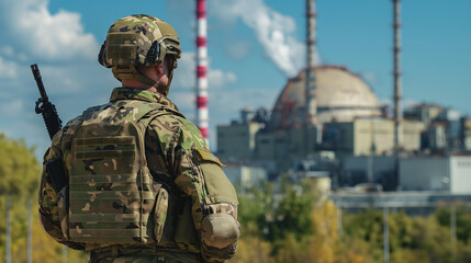 Fototapeta premium On a clear, sunny day, a soldier in military uniform stands armed in front of a modern nuclear power plant, showcasing the site's strategic importance