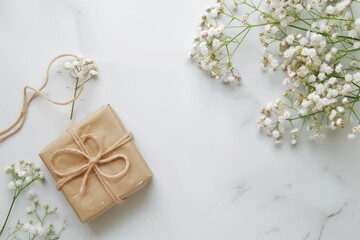Gift box  flower  card on table. Top view  copy space.