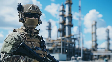 Fototapeta premium A soldier in full military uniform and weapon stands against the backdrop of a gleaming oil refinery on a bright sunny day, symbolizing its strategic significance