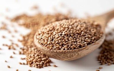 Fototapeta premium Flower Pollen Powder in Wooden Spoon with Focus on Texture