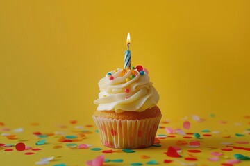 A colorful birthday cupcake with one candle and confetti on a yellow background