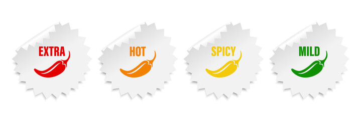 Realistic Vector Round Stickers with Spicy Chili Pepper Icon, Food Spicy Level. Red, Orange, Yellow, Green Jalapeno Pepper Strength Scale Sticker Indicators with Mild, Spicy, Hot and Extra Positions