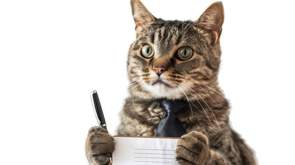 Adorable cat in tie holding pen with blank list on white background