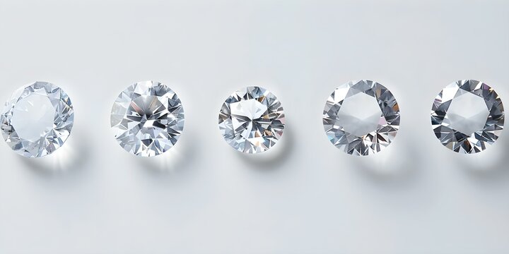 Five types of diamonds on a white background. Concept Round Cut Diamonds, Princess Cut Diamonds, Emerald Cut Diamonds, Marquise Cut Diamonds, Pear Cut Diamonds