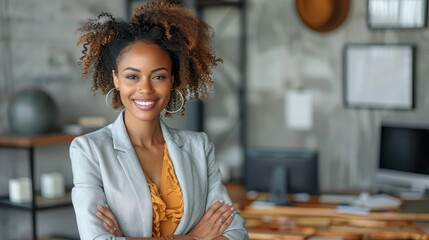 A confident woman in a grey blazer stands in a well-lit office with modern decor, smiling as she crosses her arms, ready to take on her professional challenges.