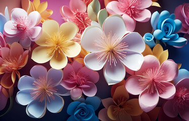 Obraz premium Fond graphique avec fleurs en origami, papier plié, art japonais, créations en papier, design origami, motif origami, feuilles colorées, pliages artistiques, origami abstrait, décor