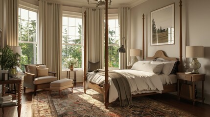 A bedroom with a four-poster bed, large windows, and a patterned rug creates a luxurious and comfortable atmosphere.