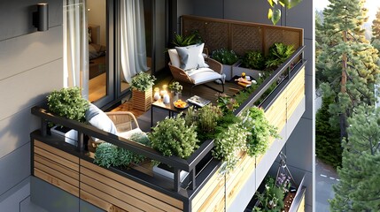 modern balcony setup with sleek outdoor furniture, privacy screens, and a small herb garden, making it a perfect spot for morning coffee or evening relaxation