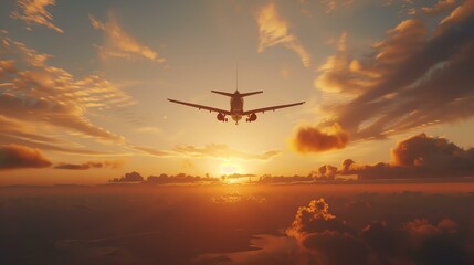 A plane flies high above the clouds at sunset. Its a beautiful scene. The sun is setting behind the plane, and the sky is a brilliant orange.