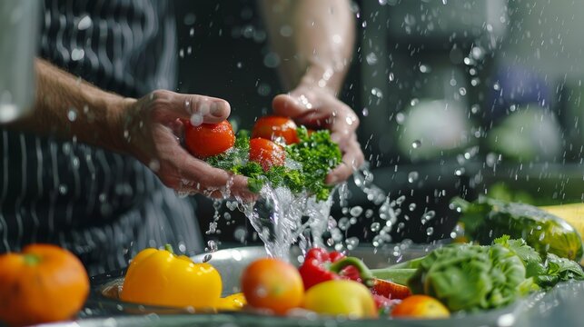 A man is preparing fresh vegetables in the kitchen, focusing on clean and healthy cooking with organic ingredients - Powered by Adobe