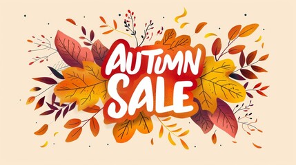 A digital illustration of autumn leaves surrounding the words Autumn Sale in white lettering on a red background