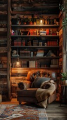 Cozy reading nook with leather armchair and wooden bookshelves in rustic cabin, warm ambient lighting. Relaxation and literary escape concept