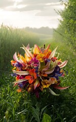 Flower bouquet on green field use for beautiful of flora background