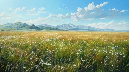 Fototapeta premium A picturesque summer meadow with tall grass, white wildflowers and distant mountains under a clear blue sky.
