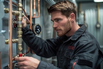 Man portrayed as a worker, maintenance personnel, plumber or electrician. Ideal for promotional content, marketing materials, and educational resources